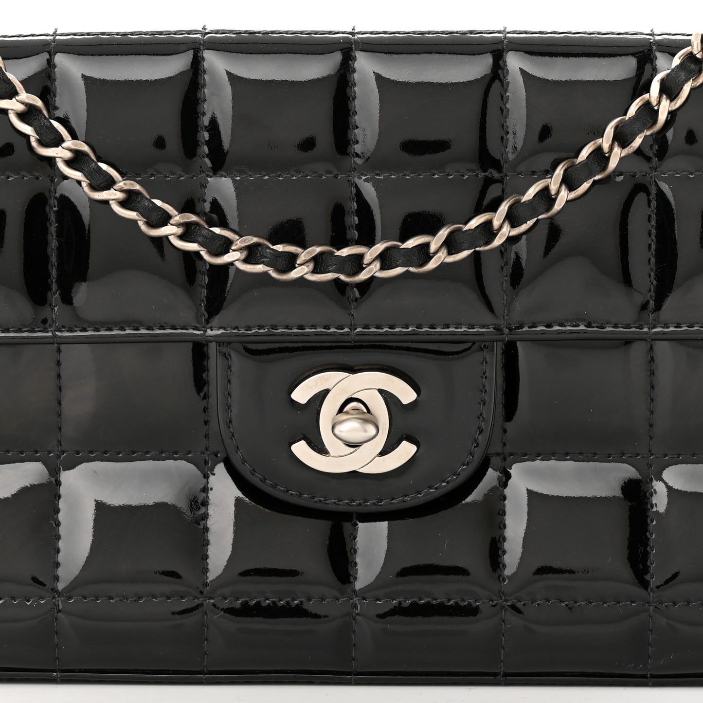 Patent Quilted East West Chocolate Bar Flap Black
