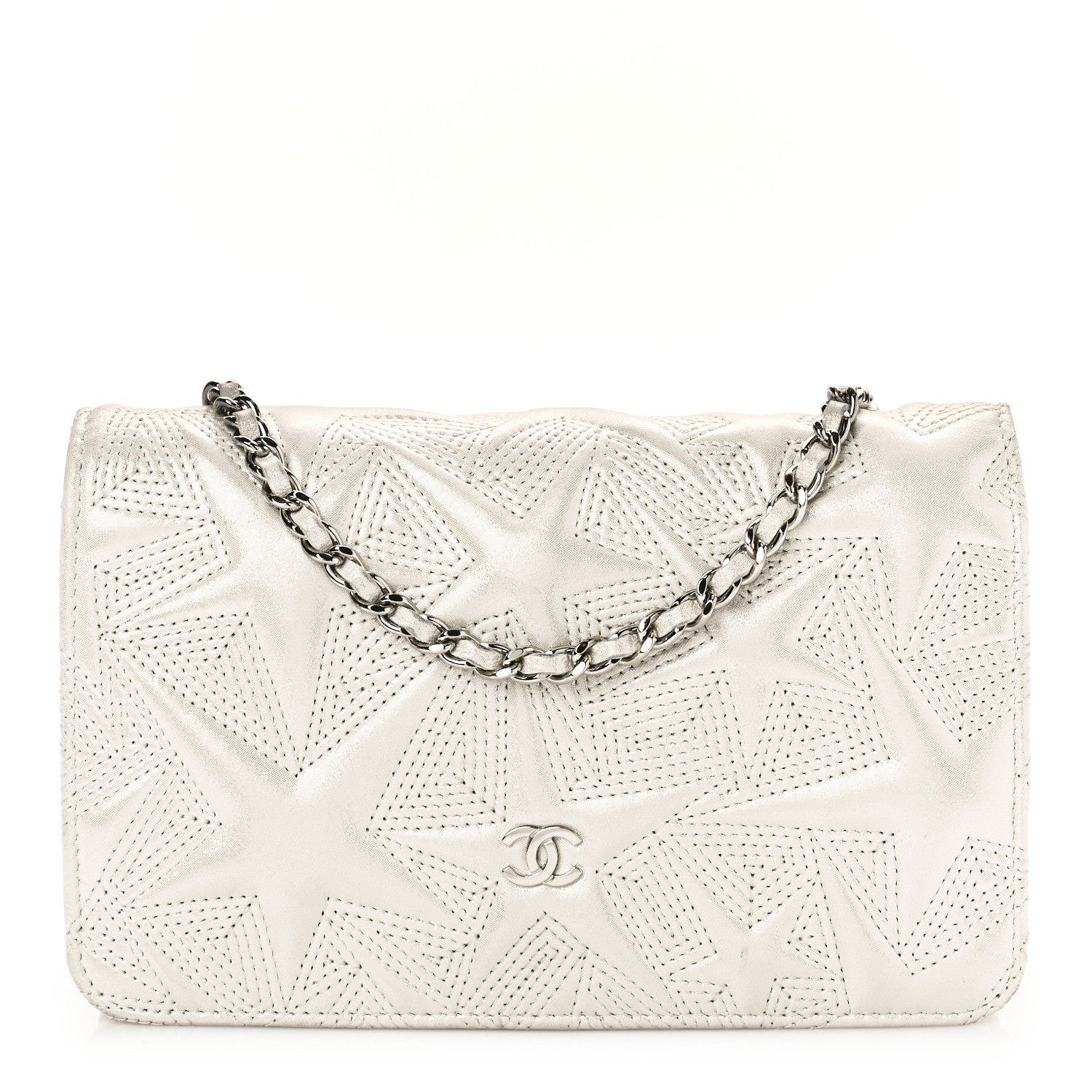 Chanel Metallic Lambskin Star Embossed Wallet On Chain WOC Silver 1 of 10