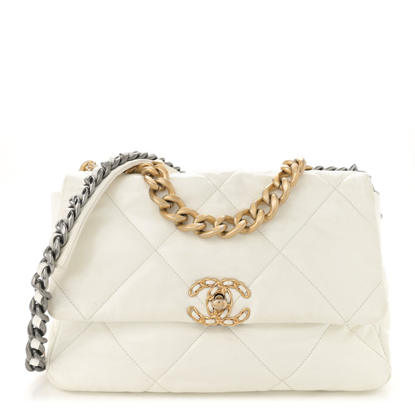 Shiny Crumpled Calfskin Quilted Large Chanel 19 Flap White