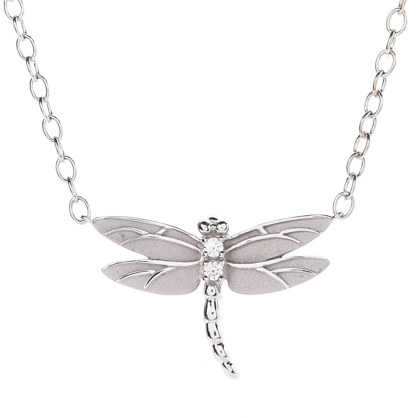 18K White Gold Diamond Pearl Dragonfly Station Necklace