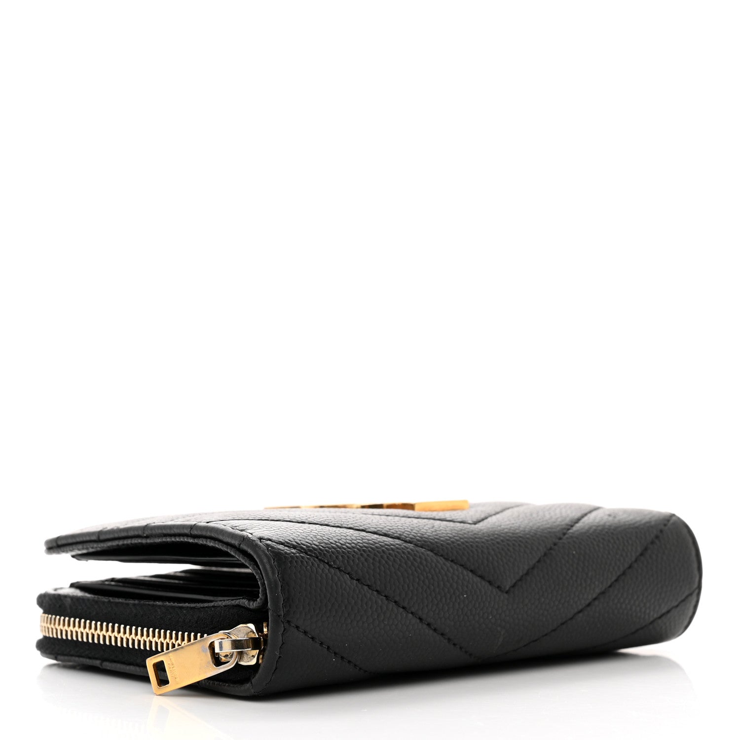 Saint Laurent Grain De Poudre Matelasse Chevron Monogram Compact Zip Around Wallet Black 4 of 7