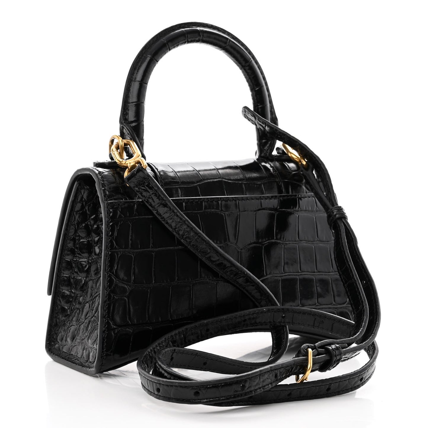 Shiny Calfskin Crocodile Embossed Hourglass Top Handle Bag XS Black