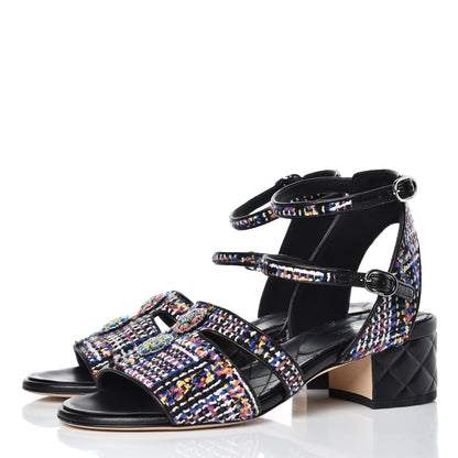 Chanel Tweed Lambskin Sandals 39 Black Blue Yellow Fuchsia 3 of 10