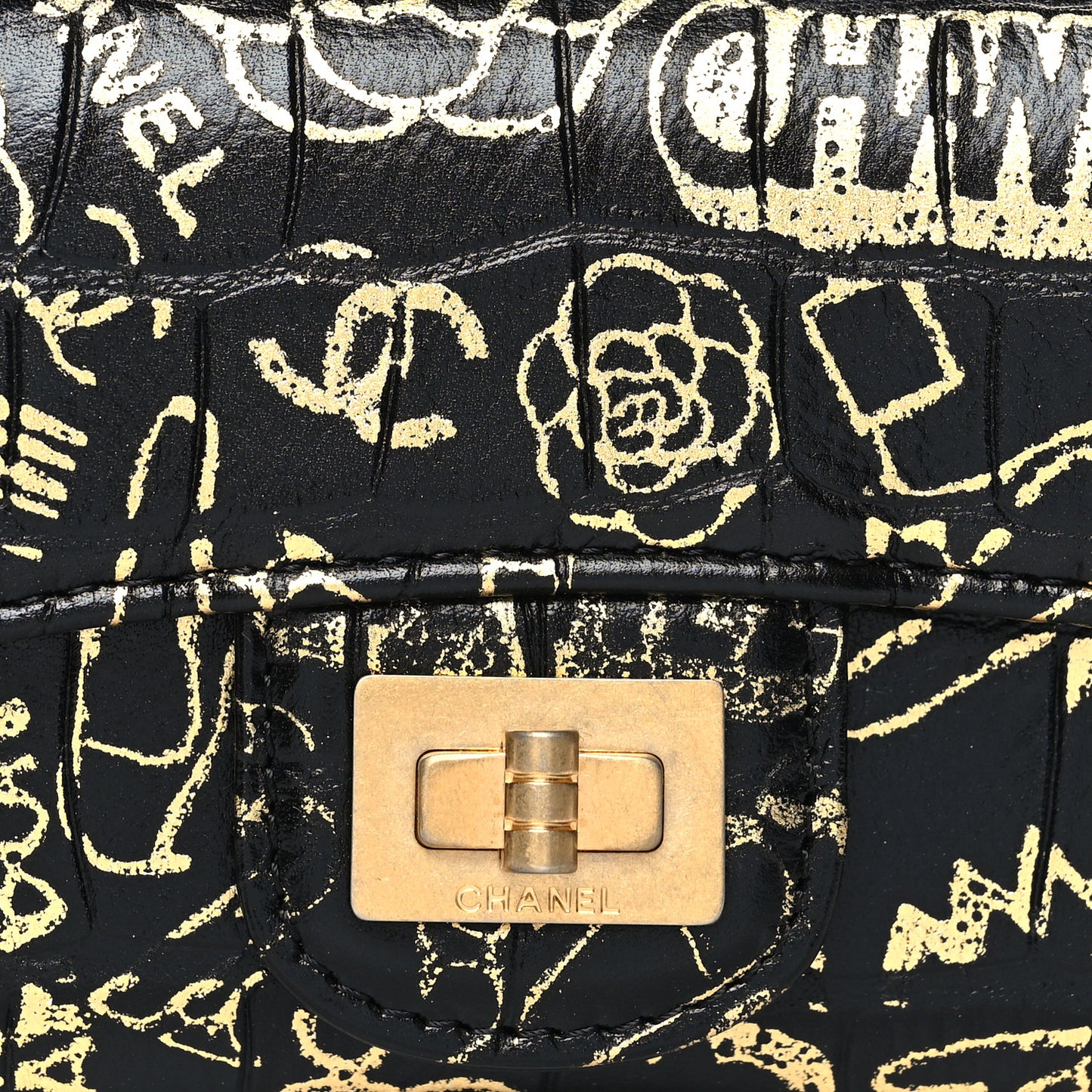 Calfskin Crocodile Embossed Graffiti 2.55 Cocodile Reissue Flap Card Holder Black Gold