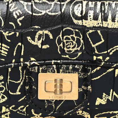 Chanel Calfskin Crocodile Embossed Graffiti 2.55 Cocodile Reissue Flap Card Holder Black Gold 9 of 9