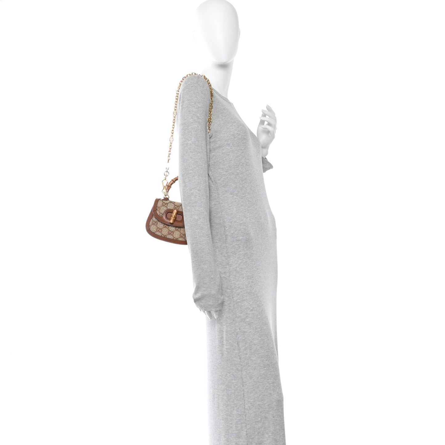 New Canvas Charisma Calfskin Crystal GG Monogram Small Bamboo 1947 Top Handle Bag Camel Ebony
