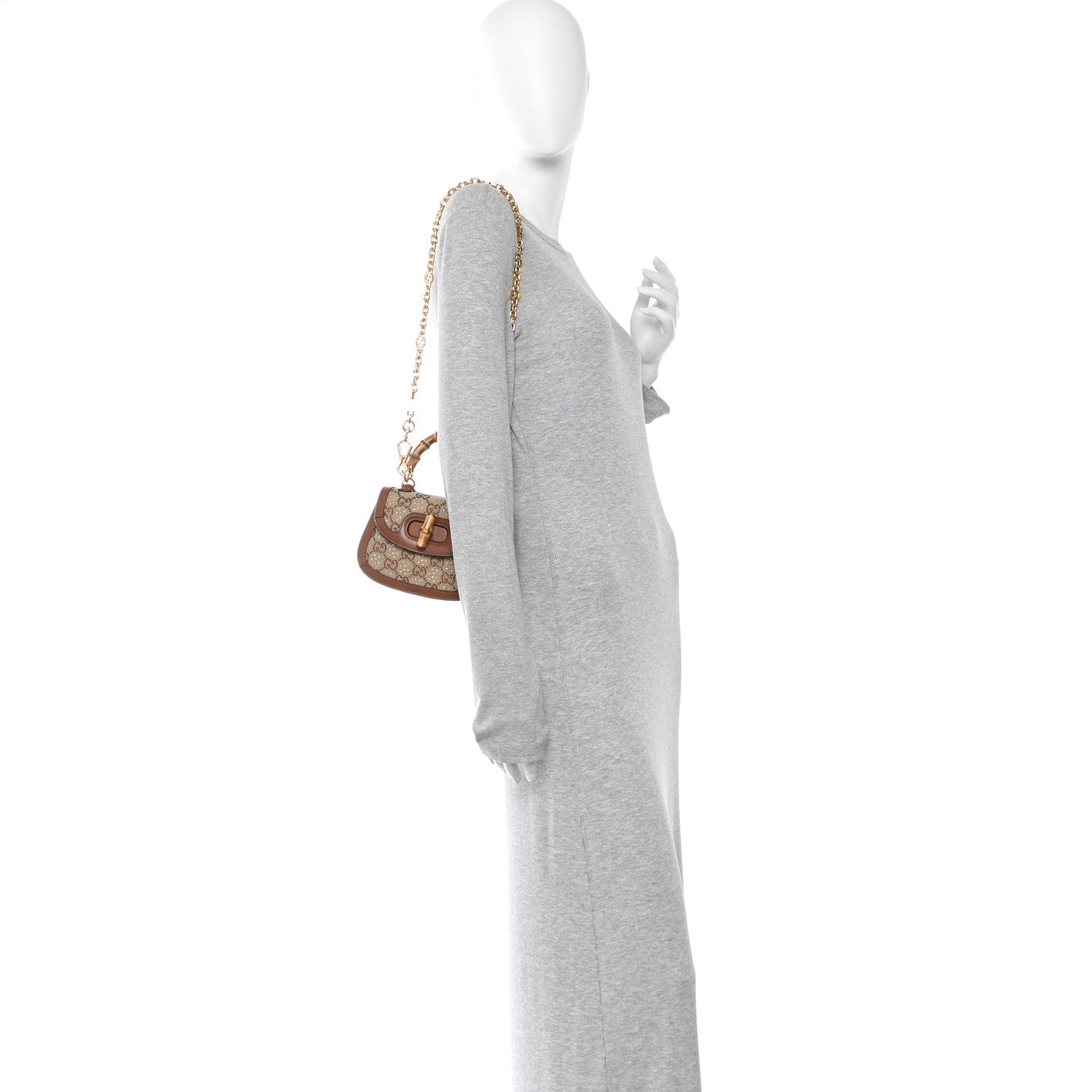 Gucci New Canvas Charisma Calfskin Crystal GG Monogram Small Bamboo 1947 Top Handle Bag Camel Ebony 2 of 9