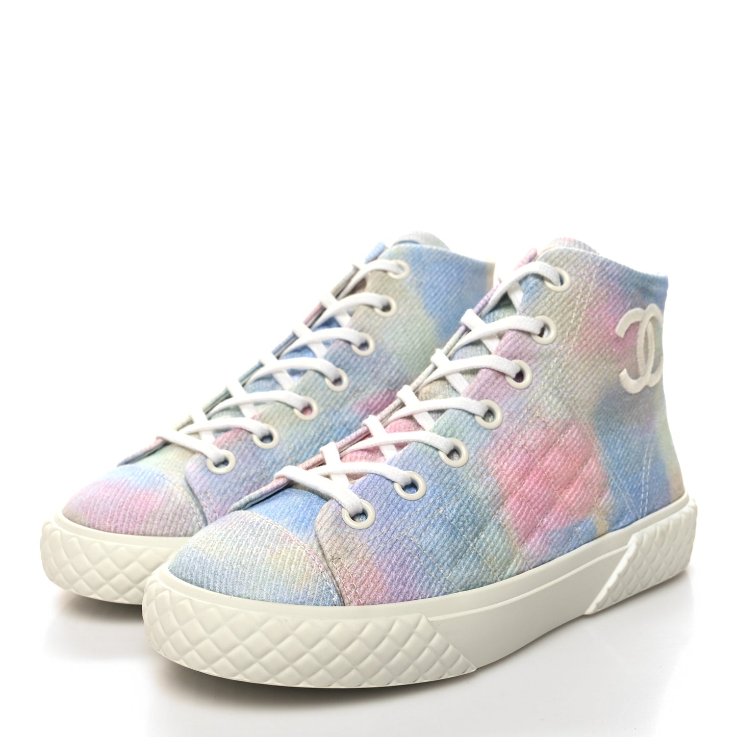 Printed Fabric Quilted High Top CC Sneakers 37 Green Pink Blue White
