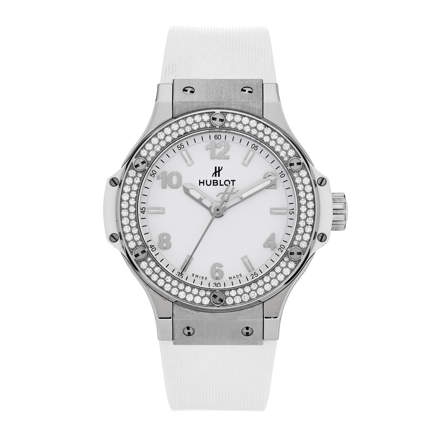 Stainless Steel Rubber Diamond Pave Bezel 38mm Big Bang Quartz Watch White White