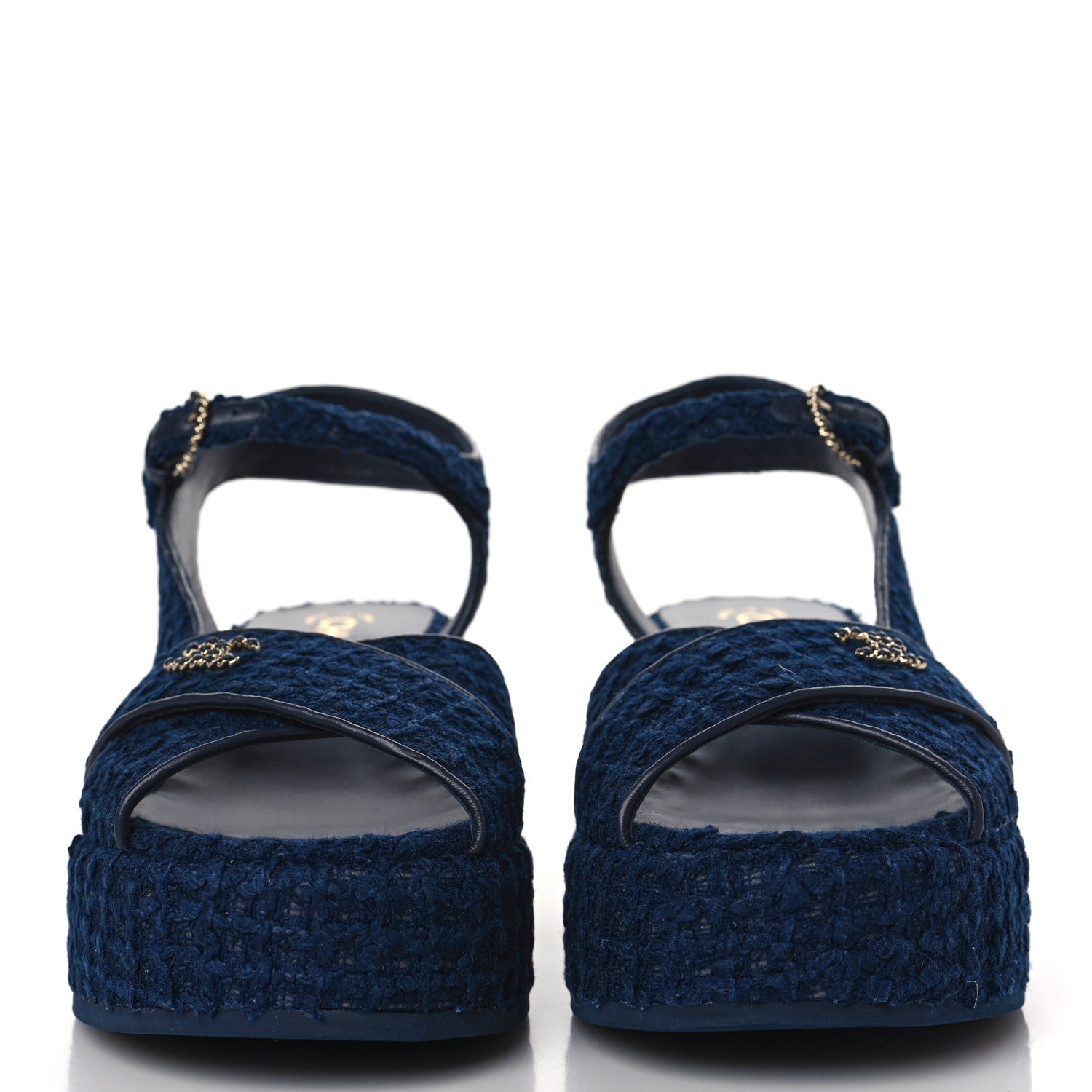 Chanel Cotton Tweed Quilted CC Platform Sandals 39 Navy Blue 2 of 9