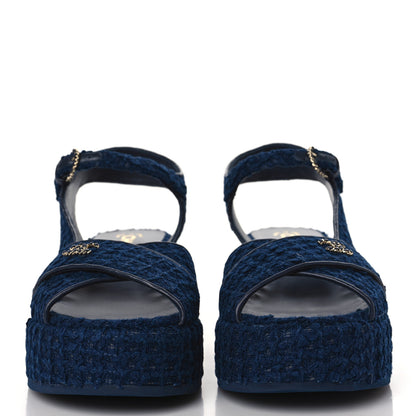 Chanel Cotton Tweed Quilted CC Platform Sandals 39 Navy Blue 2 of 9