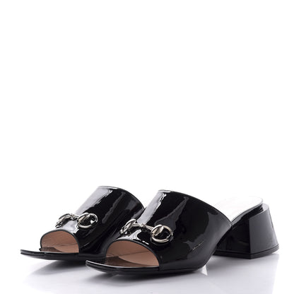 Gucci Patent Lexi Horsebit Mid-Heel Slide Sandals 39 Black 3 of 11