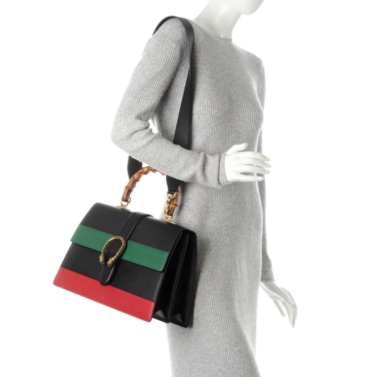 Gucci Calfskin Bamboo Web Large Dionysus Top Handle Bag Black Bright Evergreen Hibiscus Red 3 of 9