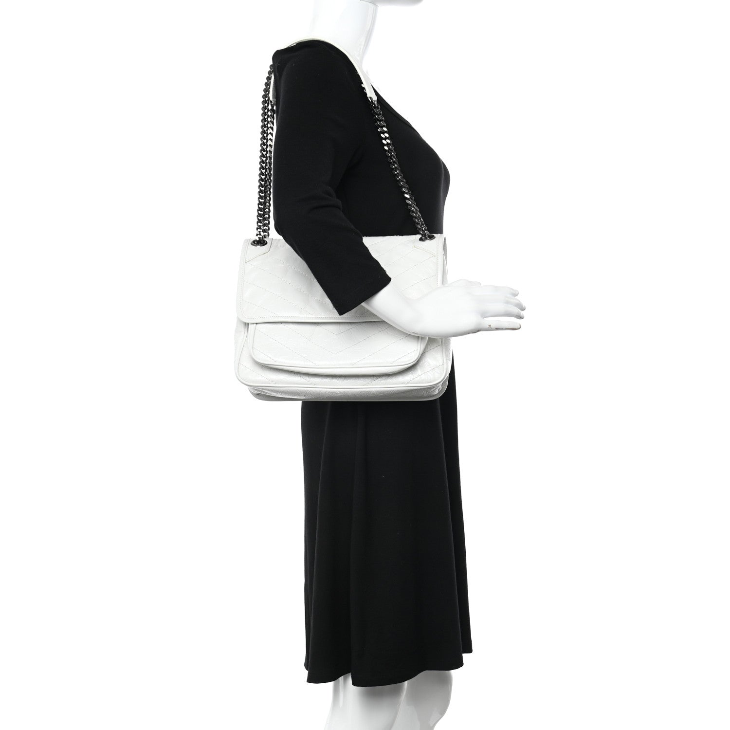 Saint Laurent Crinkled Calfskin Matelasse Monogram Medium Niki Chain Satchel Dirty White 2 of 16