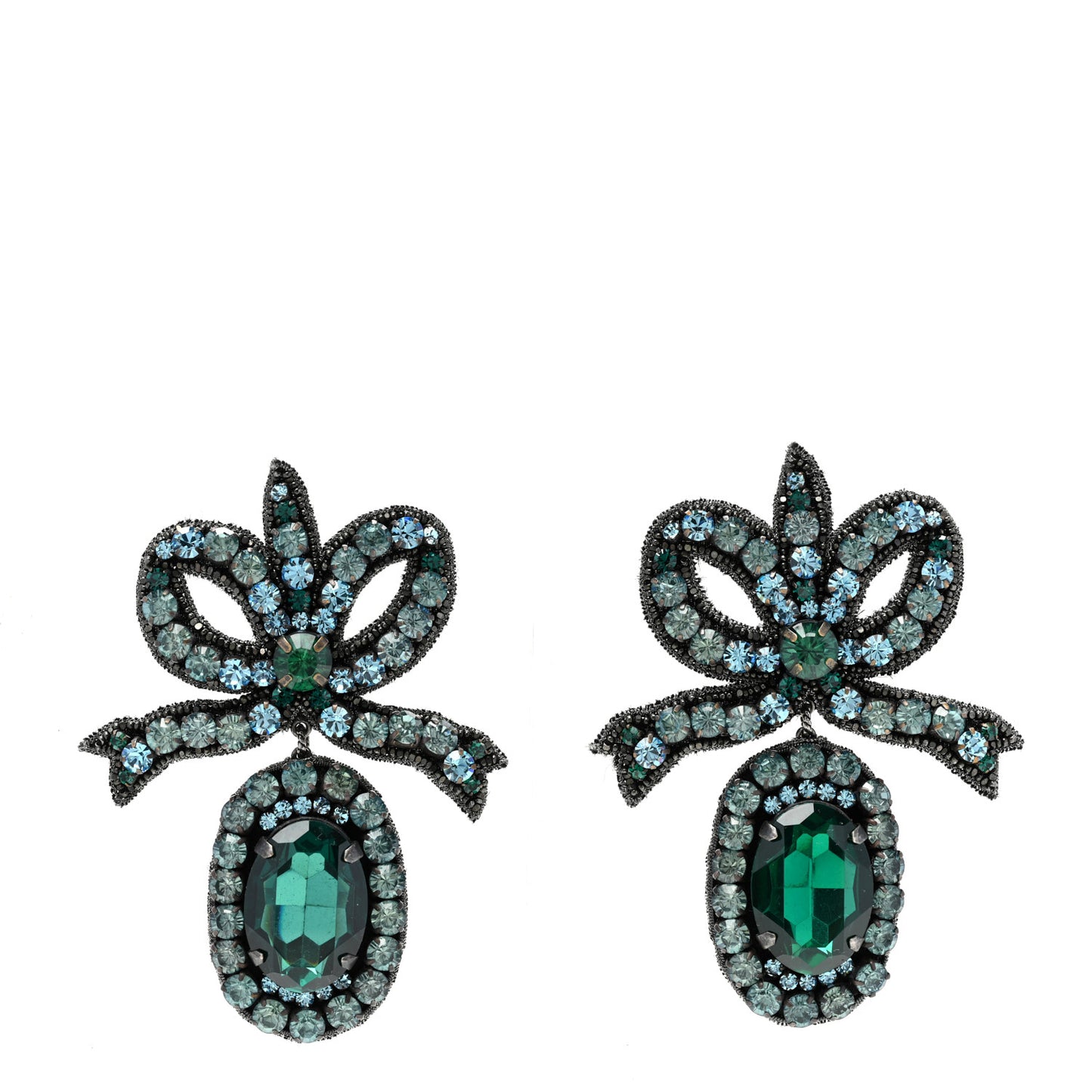Metal Crystal Embroidered Bow Earrings Green