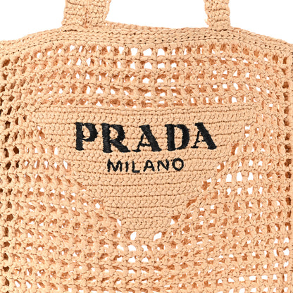 Prada Yarn Raffia Effect Crochet Logo Embroidered Tote Bag Naturale 7 of 10