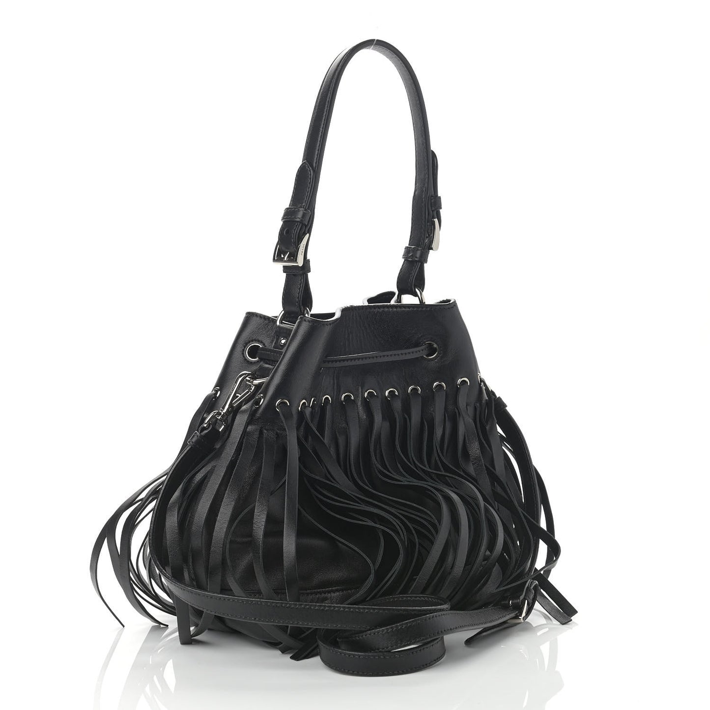 Soft Calfskin Fringe Bucket Bag Black
