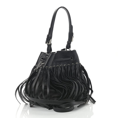 Prada Soft Calfskin Fringe Bucket Bag Black 3 of 16