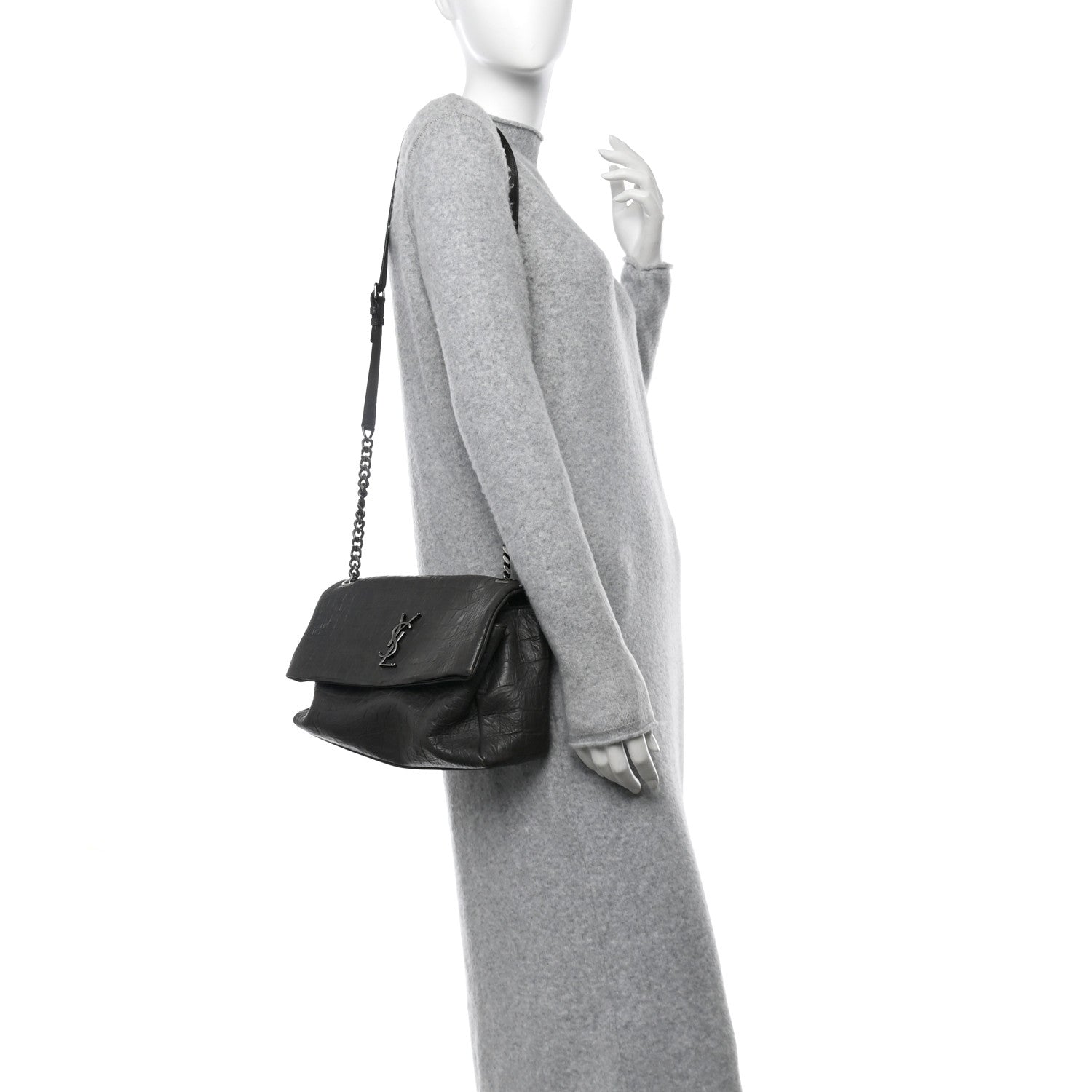 Saint Laurent Calfskin Crocodile Embossed Medium West Hollywood Monogram Fold-Over Grey 2 of 12