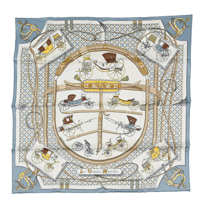 Hermes Silk Les Voitures Nouvelles Scarf 70 Blue Pale White 1 of 3
