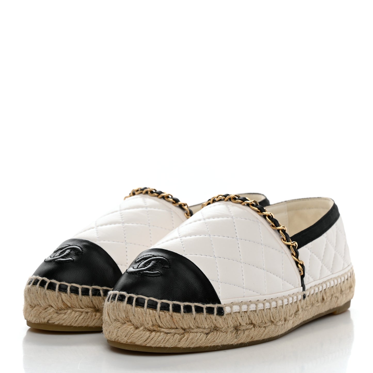 Lambskin Grosgrain Quilted CC Chain Espadrilles 36 White Black
