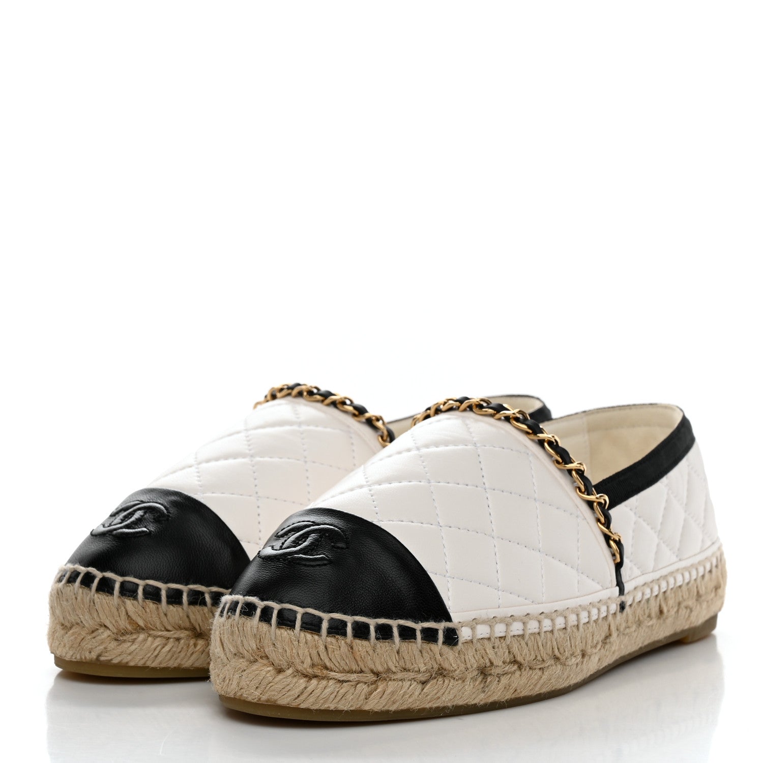 Chanel Lambskin Grosgrain Quilted CC Chain Espadrilles 36 White Black 3 of 9