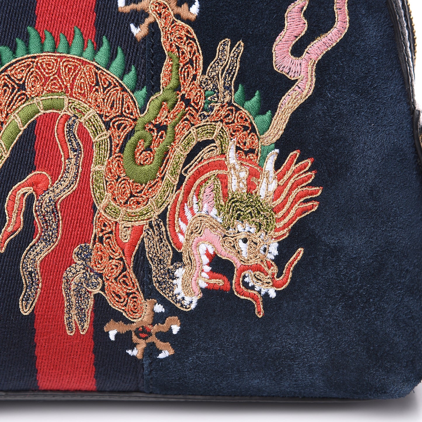 Suede Patent Dragon Embroidered Small Ophidia Dome Shoulder Bag Blue Multicolor Black