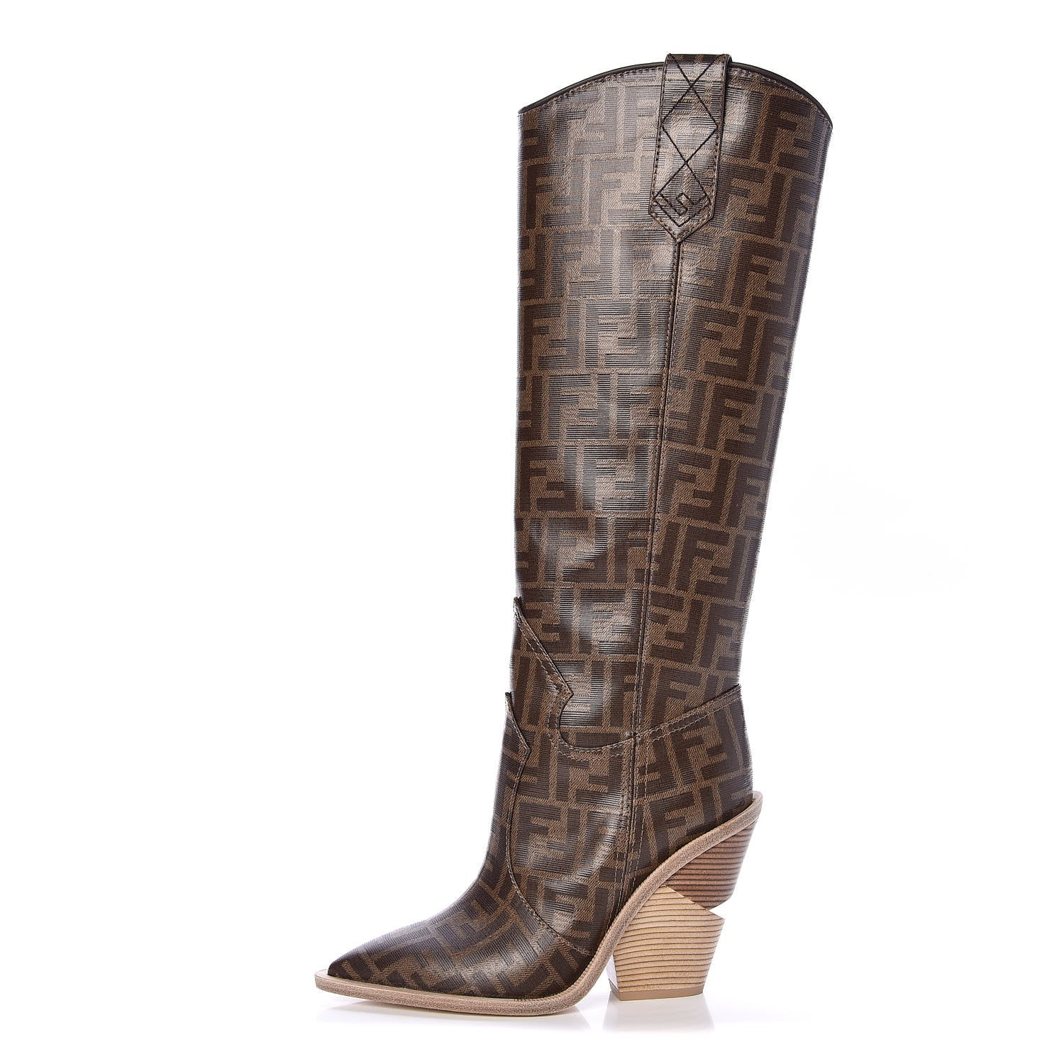 Fendi Glazed Fabric FF 1974 Cutwalk Tall Boots 37.5 Mogano Panna 1 of 8