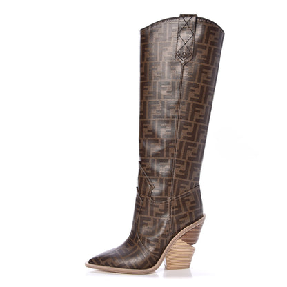 Fendi Glazed Fabric FF 1974 Cutwalk Tall Boots 37.5 Mogano Panna 1 of 8