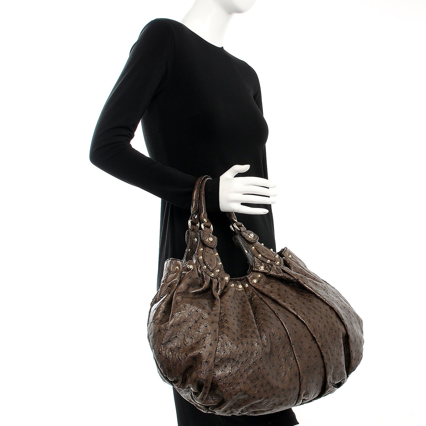 Ostrich Large Studded Pelham Shoulder Bag Brown