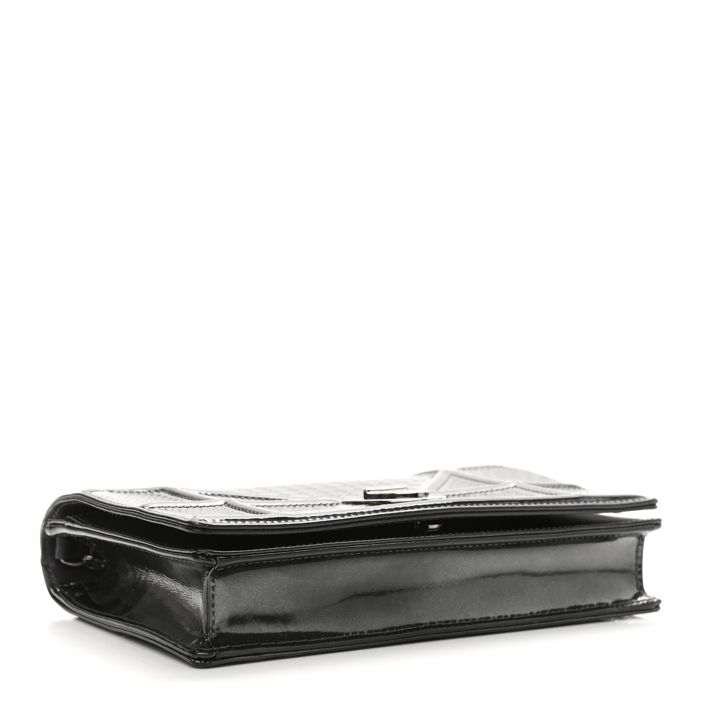 Metallic Patent Micro-Cannage Diorama Wallet on Chain Pouch Black