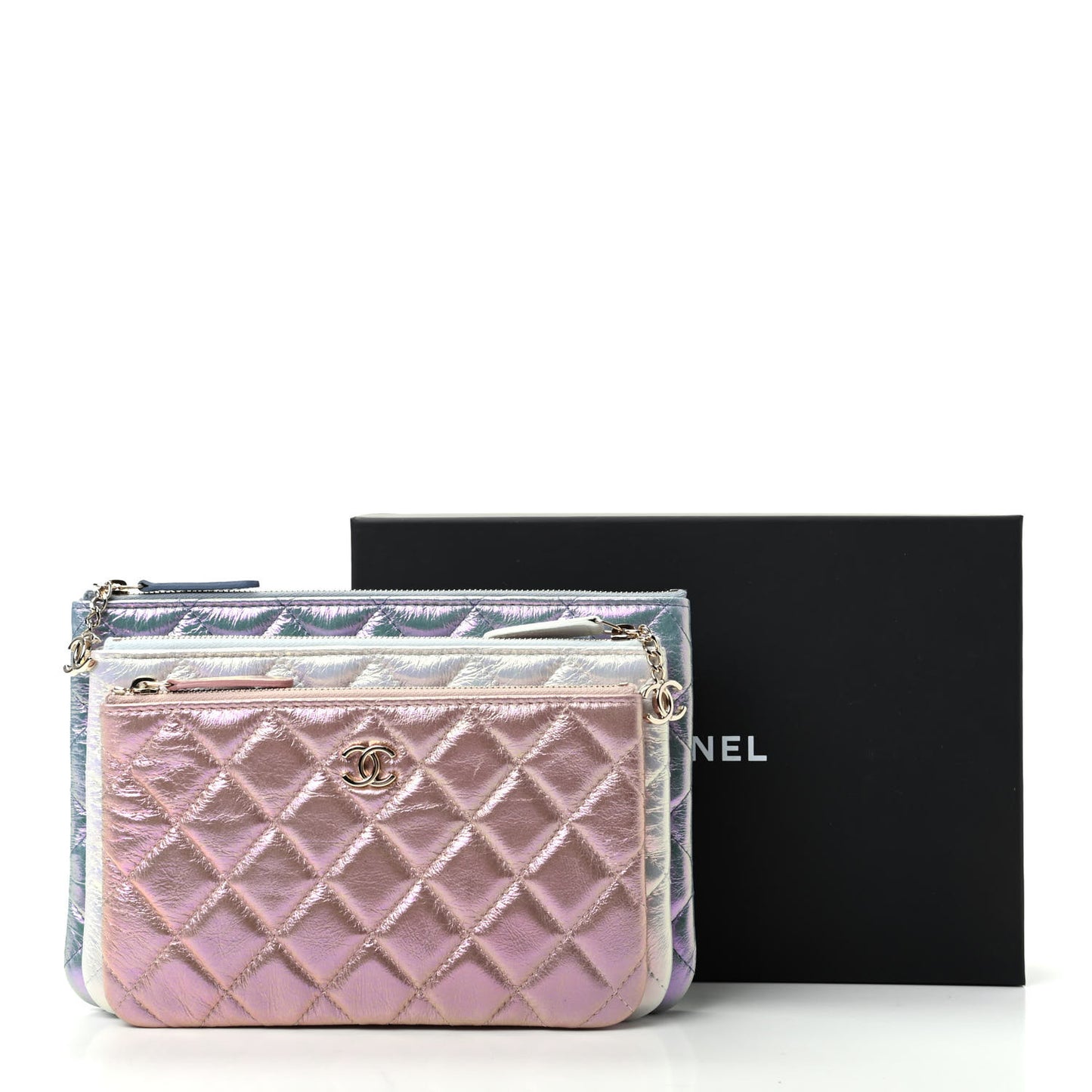 Iridescent Crumpled Calfskin Trio Cosmetic Case Blue Pink Ivory
