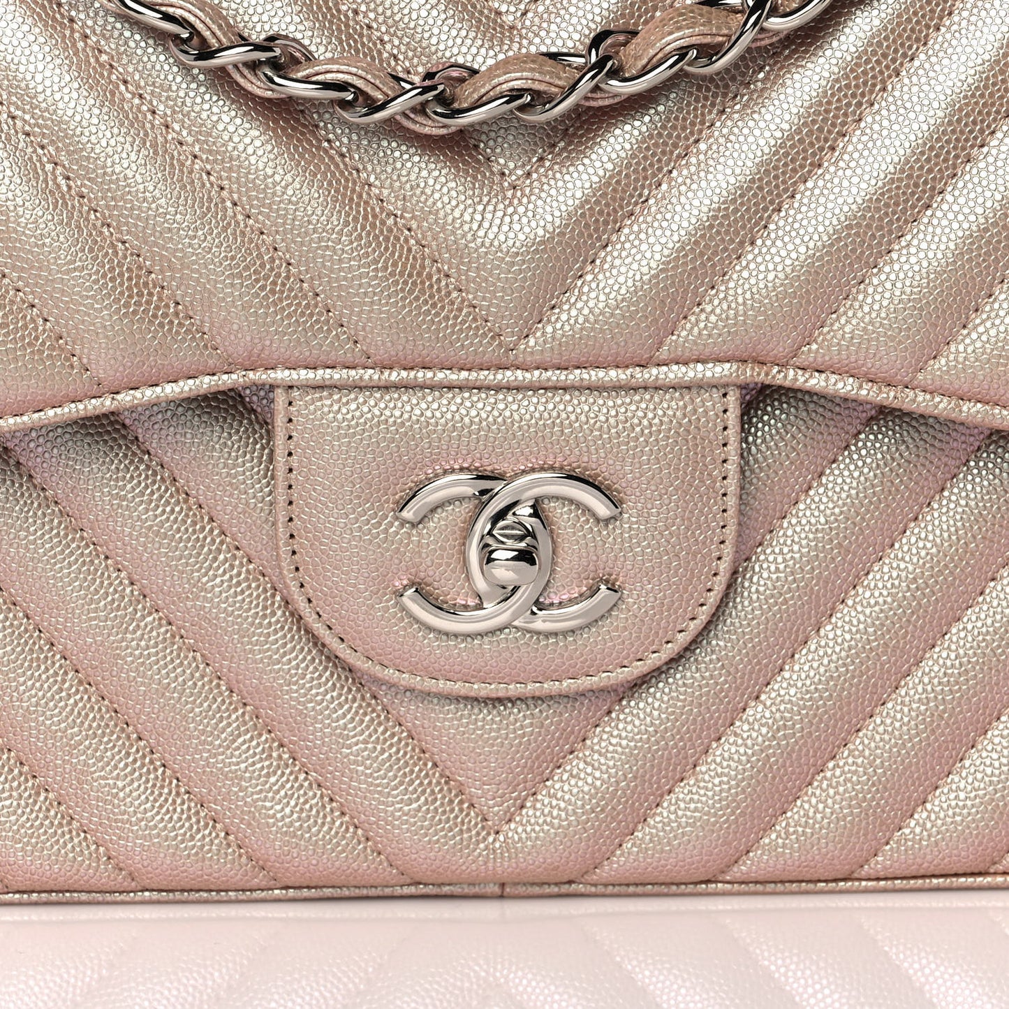 Metallic Caviar Chevron Quilted Jumbo Double Flap Light Gold