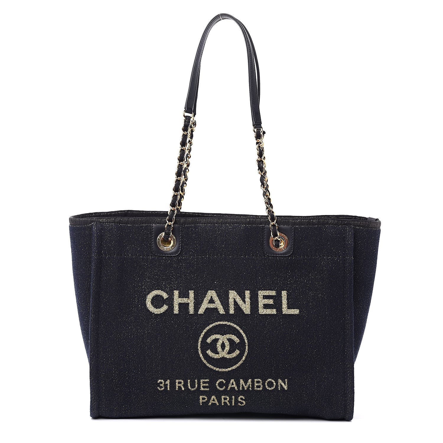 Chanel Lurex Canvas Small Deauville Tote Navy Blue Gold 1 of 9
