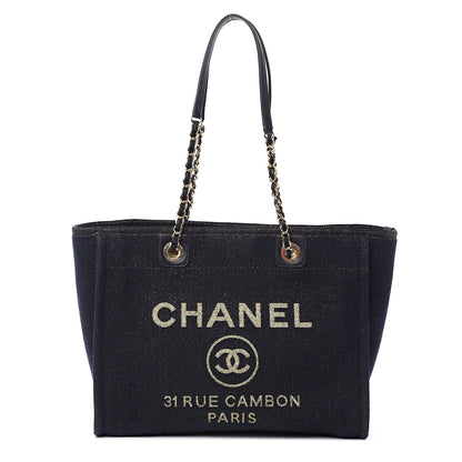 Chanel Lurex Canvas Small Deauville Tote Navy Blue Gold 1 of 9