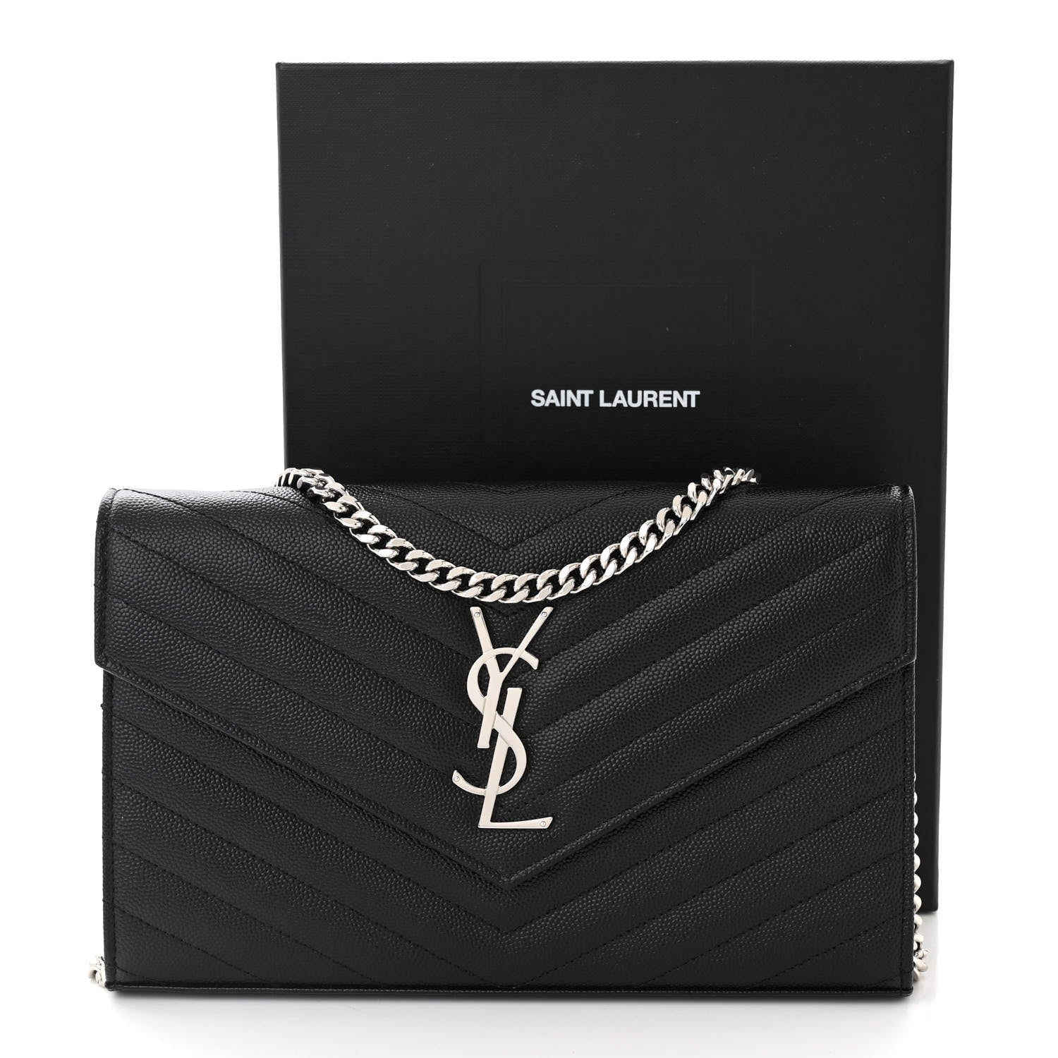 Saint Laurent Grain De Poudre Matelasse Chevron Monogram Chain Wallet Black 11 of 11