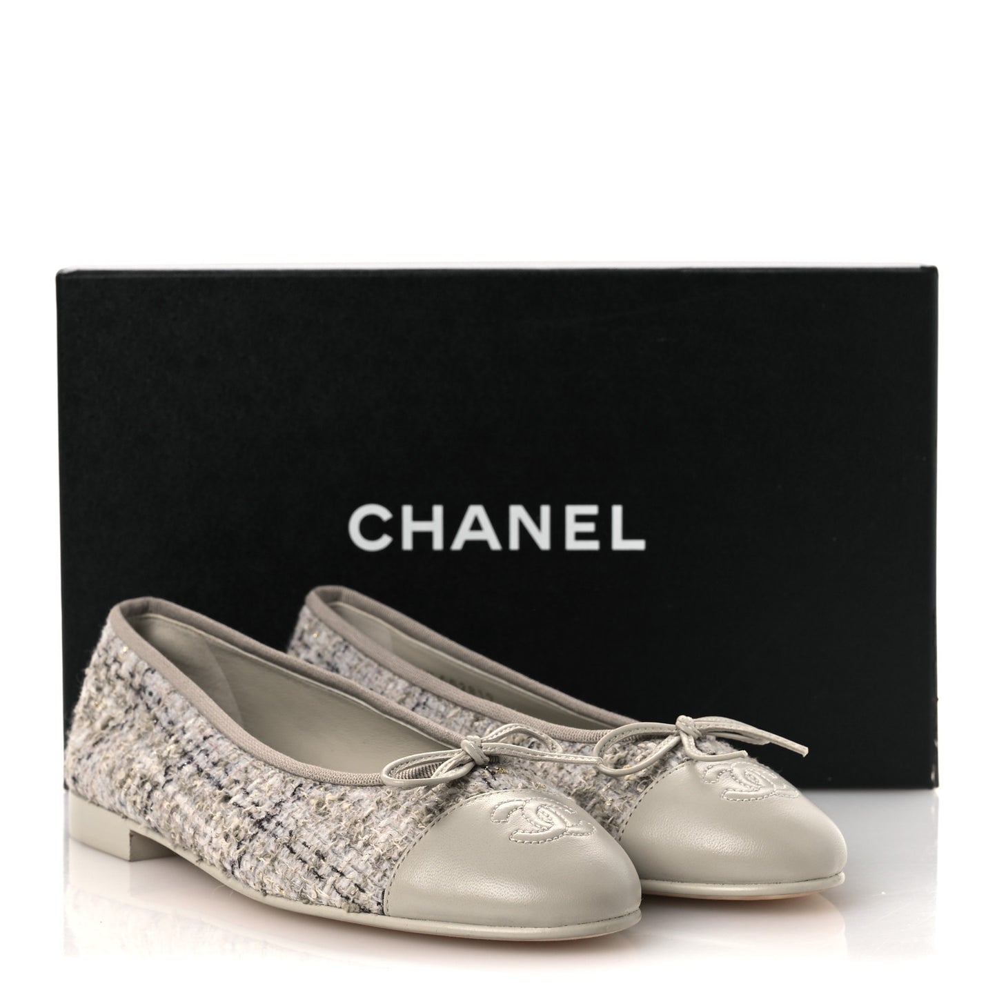 Wool Cotton Tweed Lambskin Cap Toe Ballerina Flats 37 Gray Black Gold