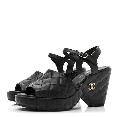 Chanel Lambskin Quilted Peep Toe Wedge Sandals 38.5 Black 3 of 9