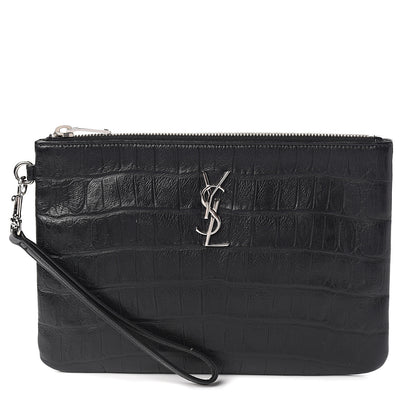 Saint Laurent Calfskin Crocodile Embossed Monogram Zip Pouch Black 1 of 8