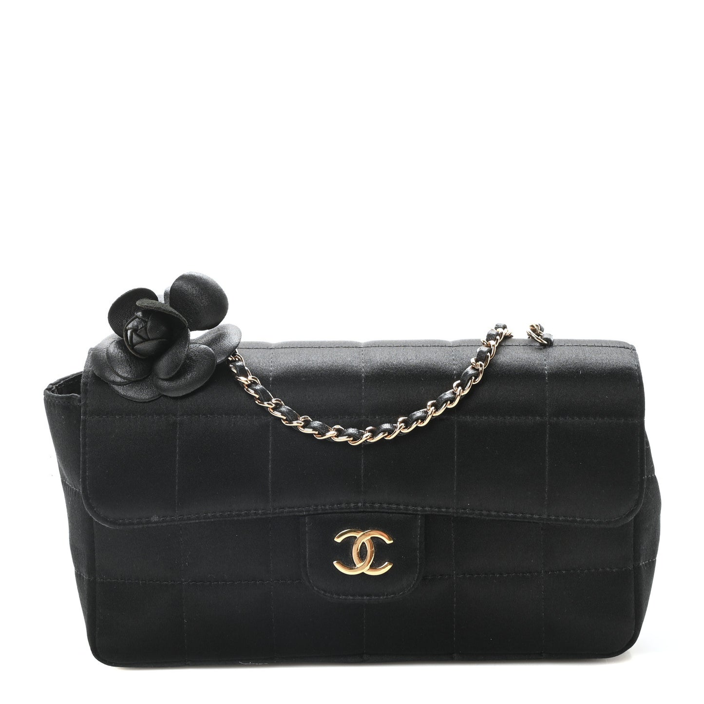 Satin Chocolate Bar Quilted Camellia Rectangular Mini Flap Black