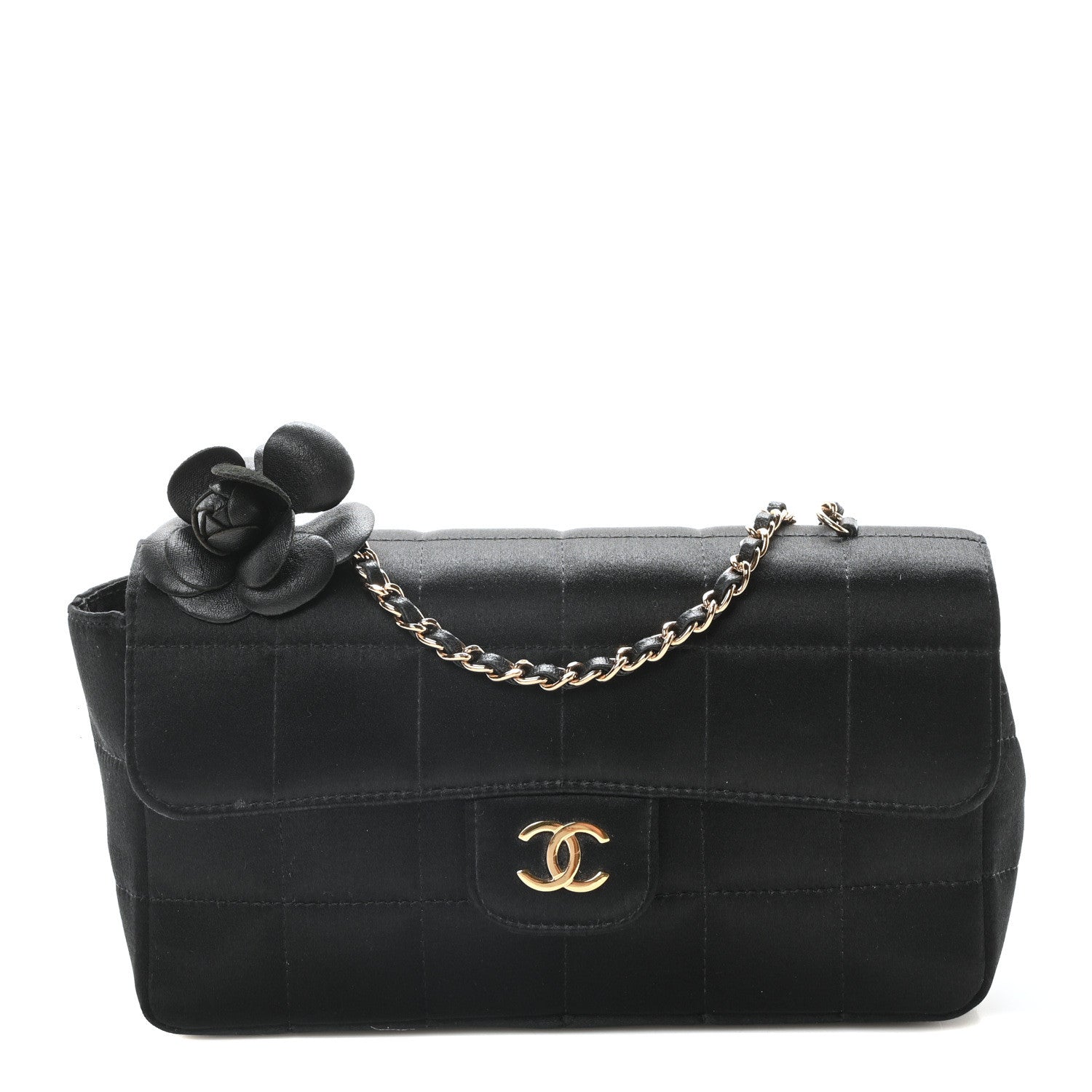 Chanel Satin Chocolate Bar Quilted Camellia Rectangular Mini Flap Black 1 of 10