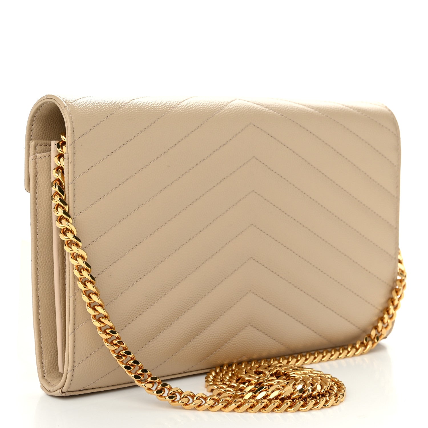 Saint Laurent Grain De Poudre Matelasse Chevron Monogram Chain Wallet Dark Beige 3 of 11
