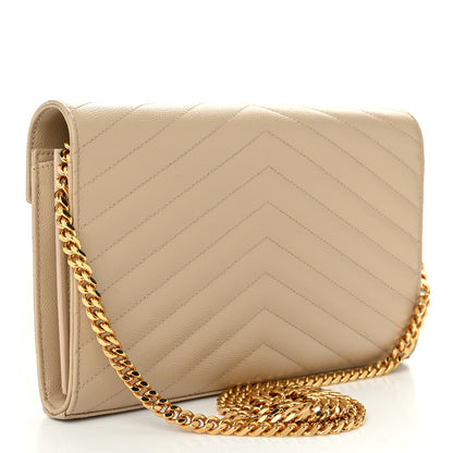 Saint Laurent Grain De Poudre Matelasse Chevron Monogram Chain Wallet Dark Beige 3 of 11