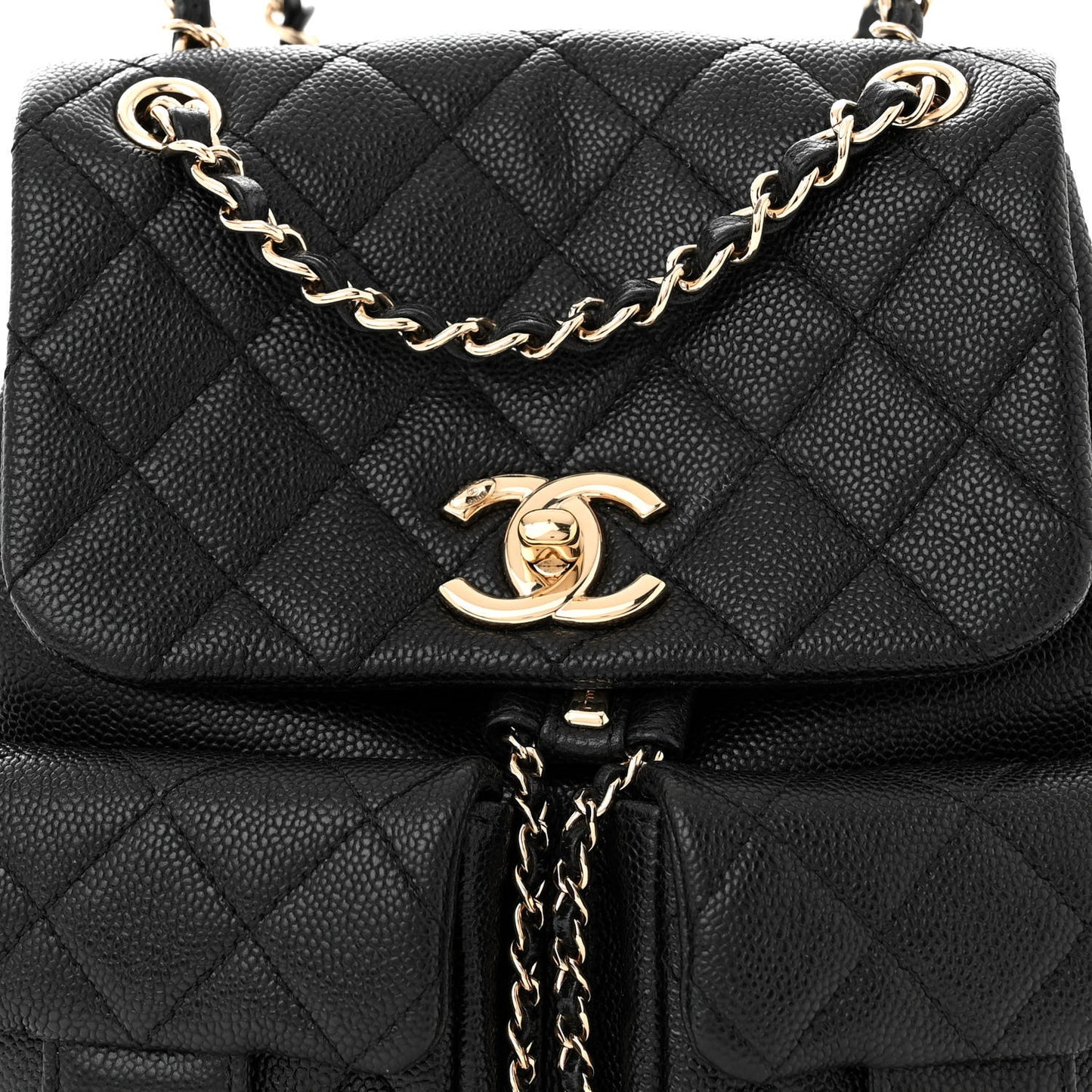 Shiny Caviar Quilted Medium Duma Pockets Drawstring Backpack Black