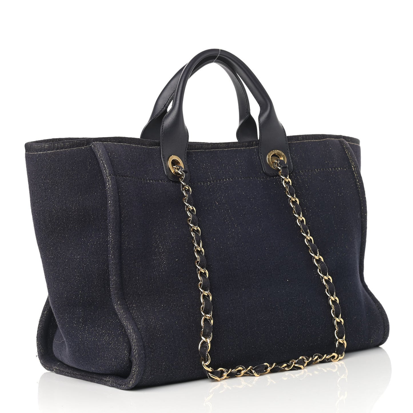 Lurex Canvas Medium Deauville Tote Navy Blue Gold