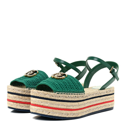 Gucci Cotton Malaga Kid Crochet Pearly GG Lilibeth Espadrille Platform Sandals 39.5 Emerald 3 of 13