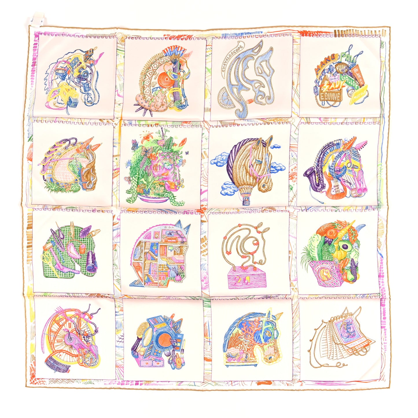 Silk Chevaloscope Scarf 90 White Bleu Multicolor