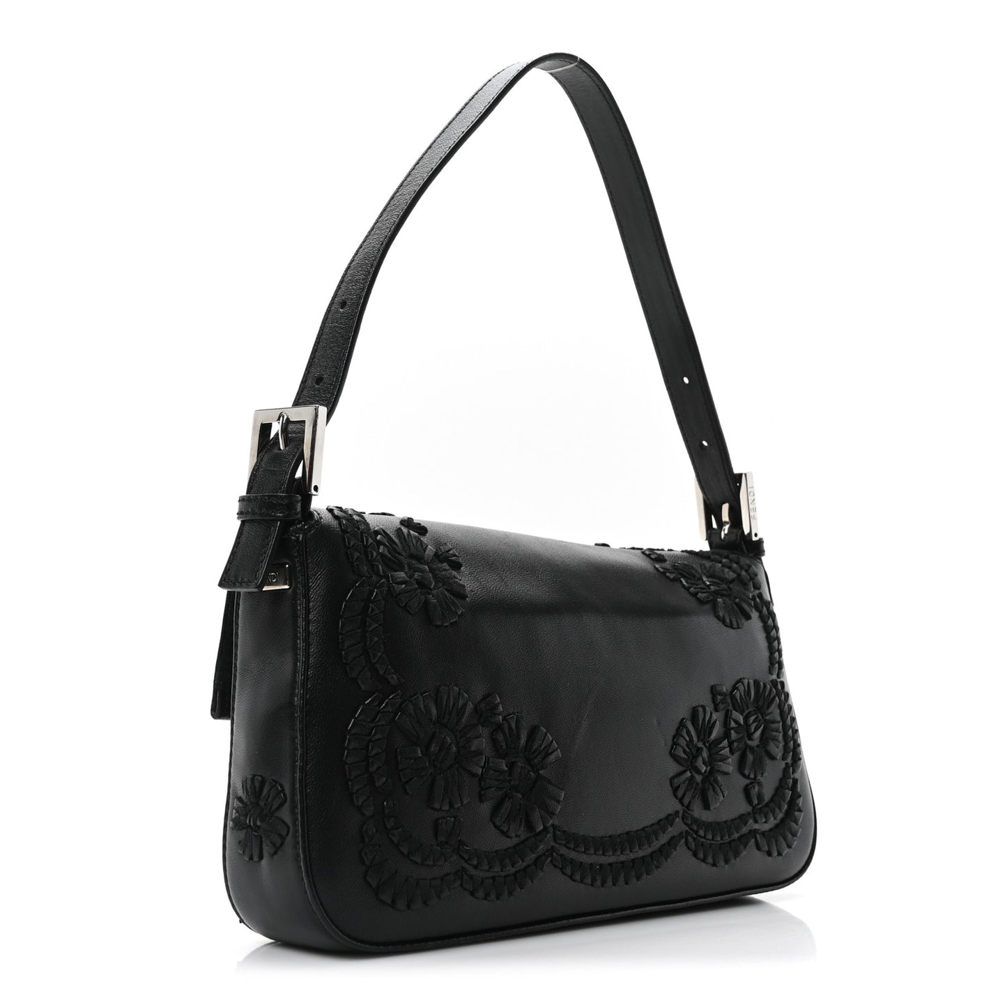 Nappa Floral Embroidered Baguette Black