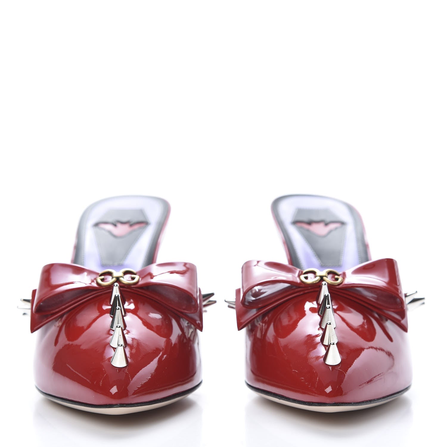 Gucci Patent GG Bow Sadie Spike Mid Heel Mules 38 Hibiscus Red 2 of 12