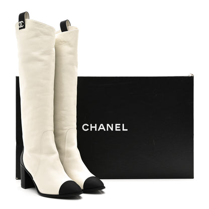 Chanel Calfskin Grosgrain Cap Toe Knee High Boots 39.5 White Black 11 of 11